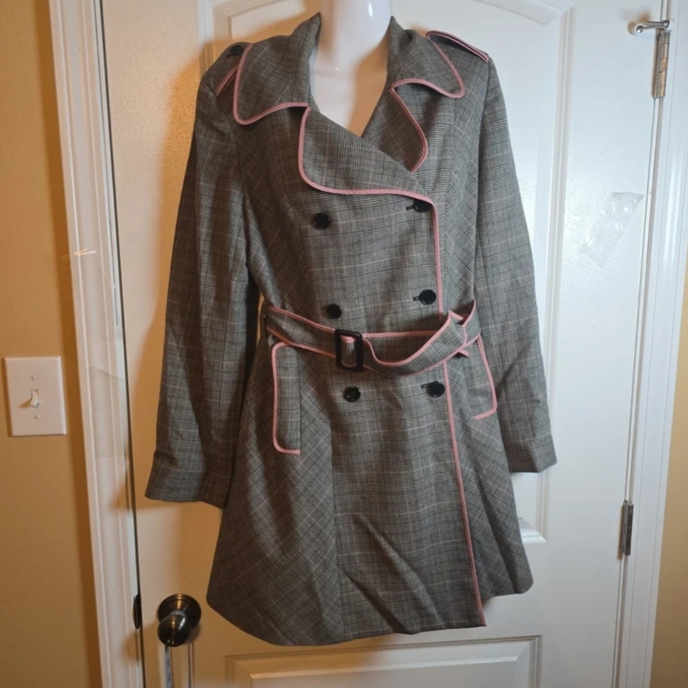 Vintage Nine West Gray Plaid Trench Coat Dress with Pink Accents